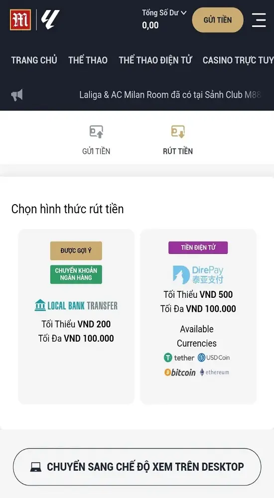 chọn hình thức rút tiền M88