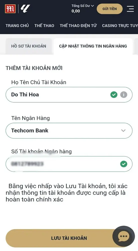 lưu tài khoản rút tiền M88