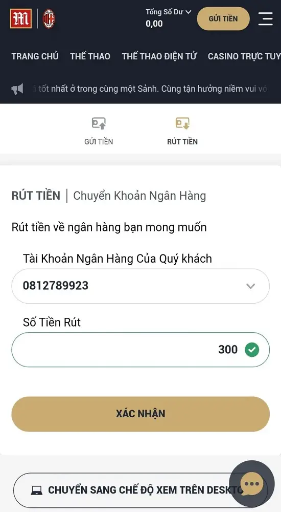 nhập số tiền rút M88