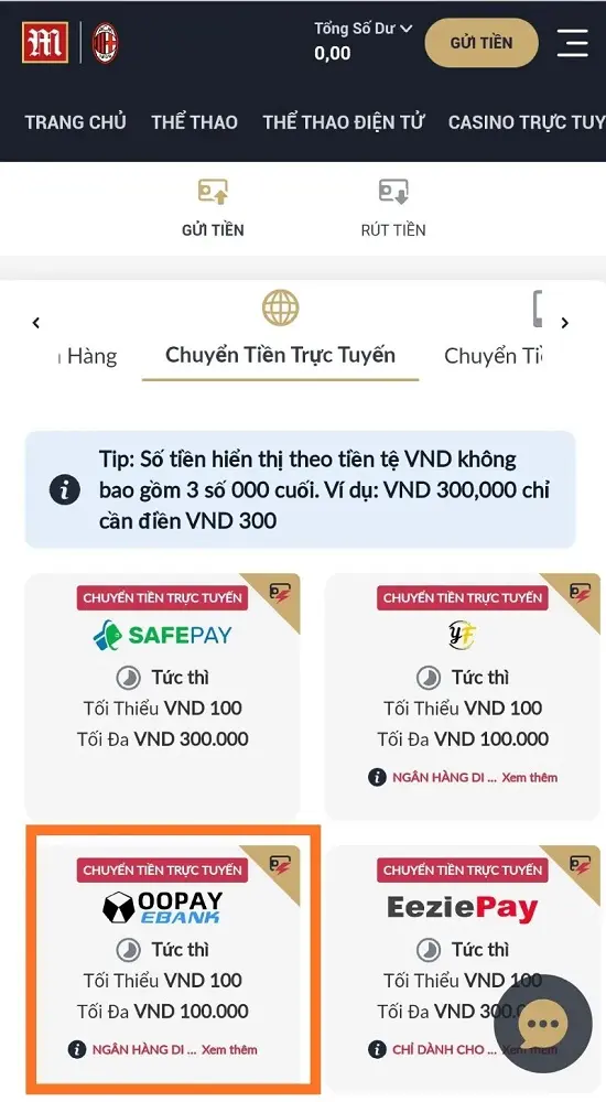 chọn kênh nạp tiền M88