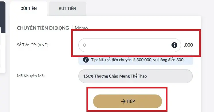 Nạp tiền M88 qua ví Momo Bước 2