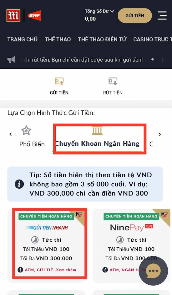 Nạp tiền M88 chuyển khoản ngân hàng Bước 2