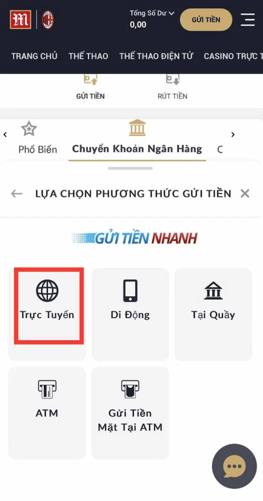 Nạp tiền M88 chuyển khoản ngân hàng Bước 4