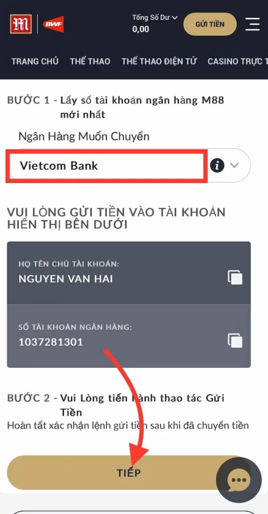 Nạp tiền M88 chuyển khoản ngân hàng bước 5